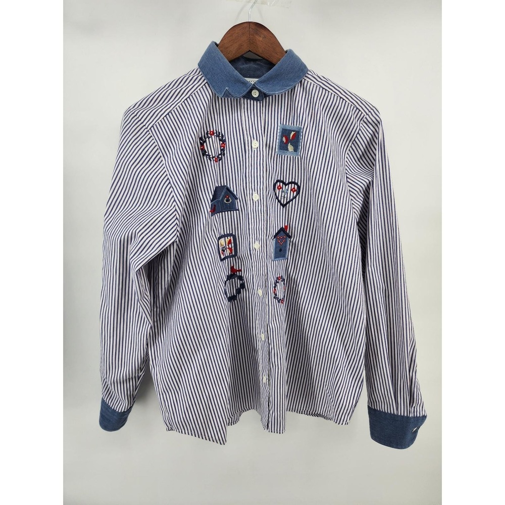 BonWorth Womens Striped Button Down Shirt Embroidered Birdhouse Denim‎ Collar L